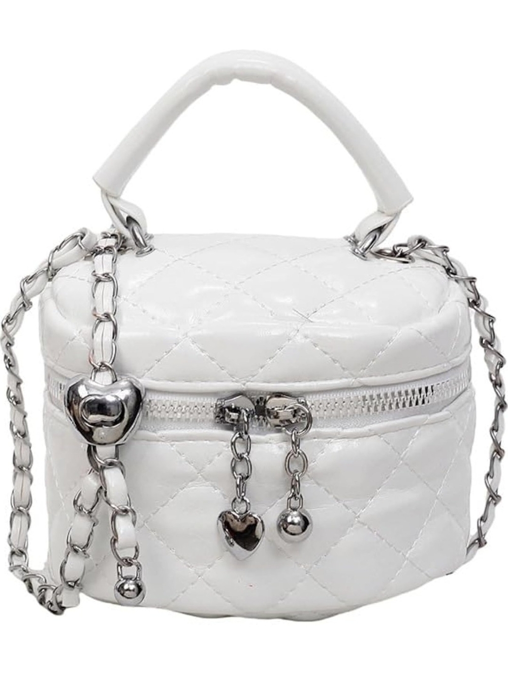 Quilted White Vanity Crossbody Bag with Heart Charms